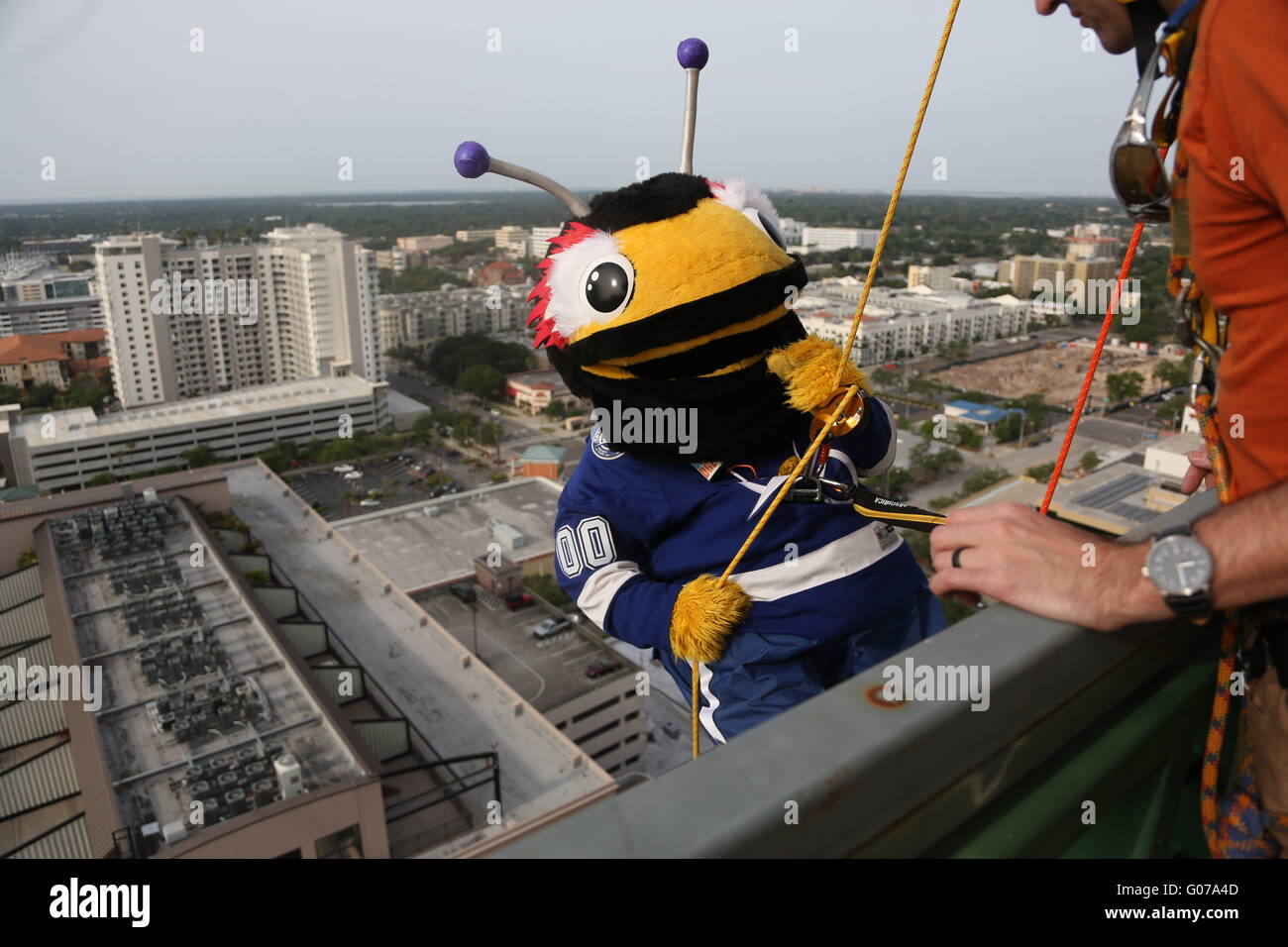 San Pietroburgo, Florida, Stati Uniti d'America. 30 apr, 2016. Vigilia EDELHEIT | Orari.Thunderbug, la mascotte del Tampa Bay Lightning rappels giù Priatek Plaza durante gli oltre il bordo evento, una raccolta di fondi per Big Brothers Big Sisters di Tampa Bay a Priatek Plaza di San Pietroburgo, sabato 30 aprile, 2016. I partecipanti sono stati in grado di rappel giù l'edificio sollevando almeno$1.250 da Venerdì 22 Aprile, 2016 per Big Brothers Big Sisters di Tampa Bay. © Eve Edelheit/Tampa Bay volte/ZUMA filo/Alamy Live News Foto Stock