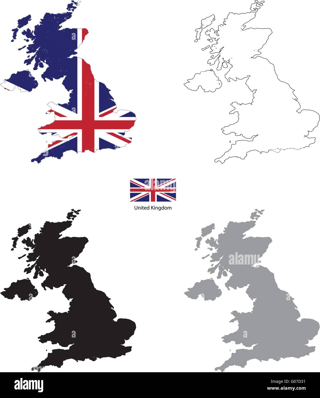Regno Unito paese silhouette nera e con la bandiera sullo sfondo Illustrazione Vettoriale