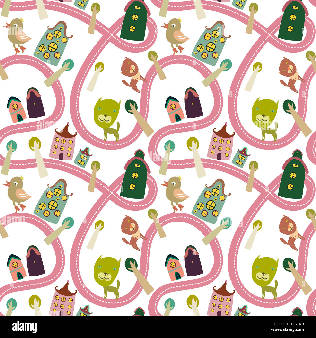 Strada modello senza soluzione di continuità con le case e gli animali Foto Stock