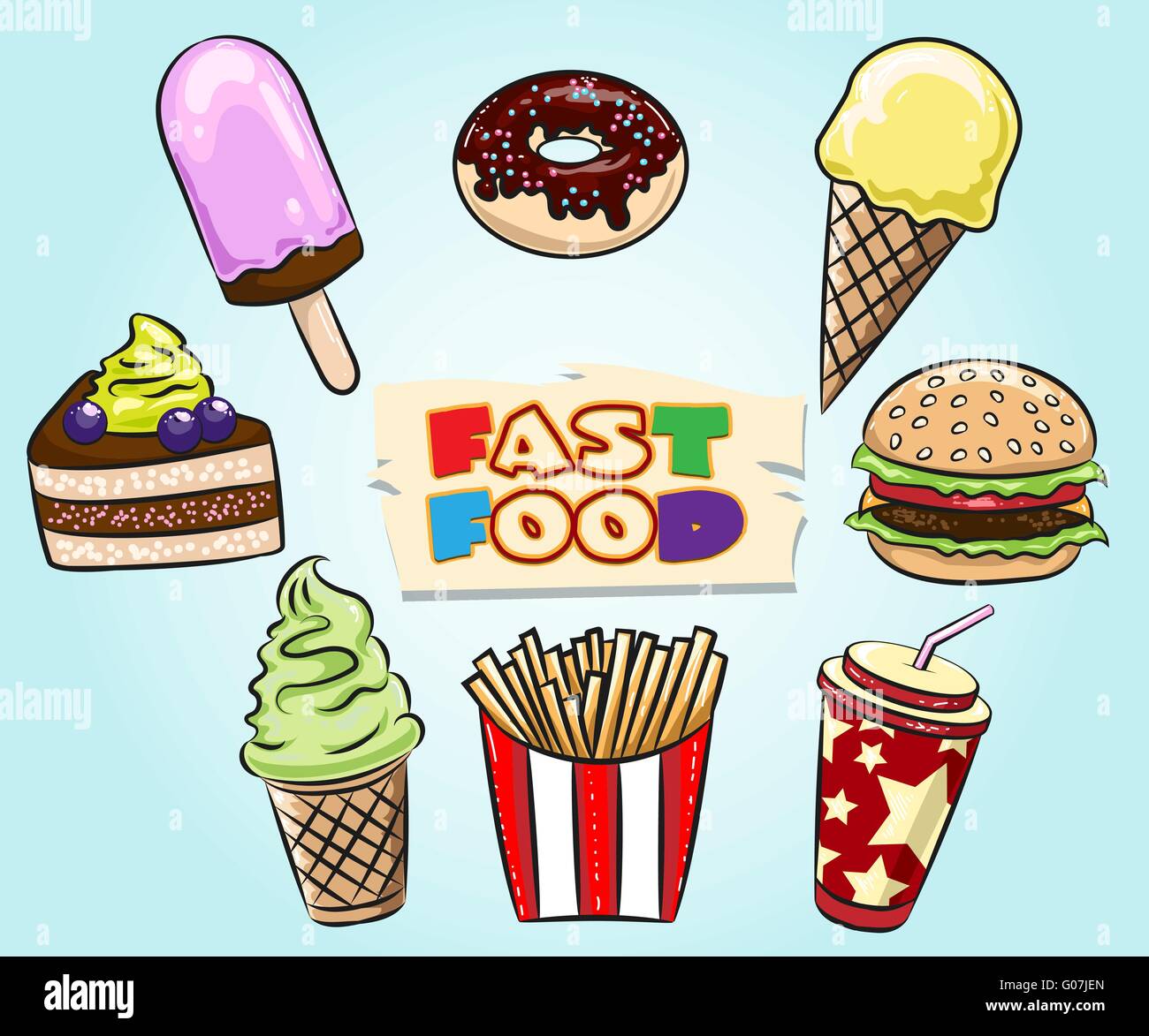 Set di Fast Food. Muffin, gelato e un pezzo di torta, hamburger, patatine fritte, soft drink disegnato in stile cartoon. Illustrazione Vettoriale