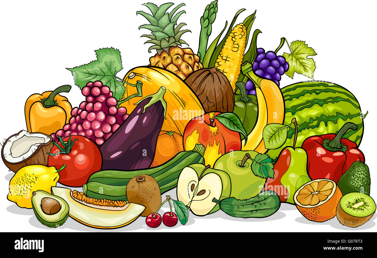 Frutta e ortaggi gruppo cartoon illustrazione Foto Stock
