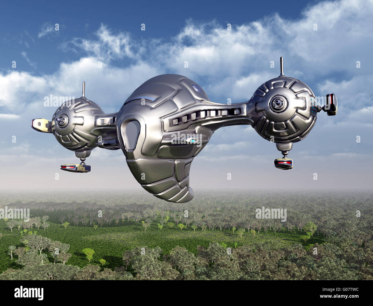 Atmosfera di terra con la navicella spaziale aliena Foto Stock