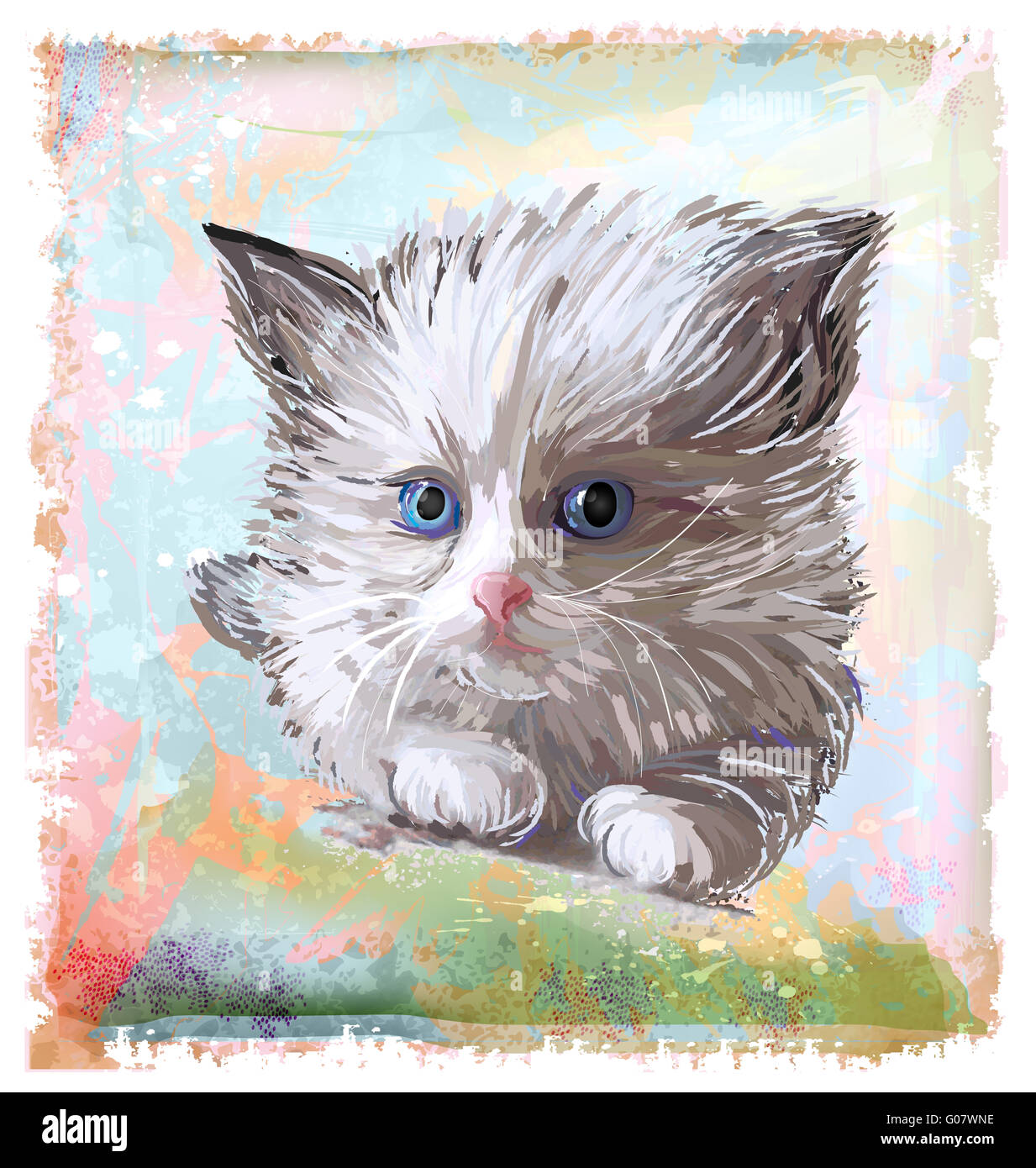 Disegnata a mano ritratto di soffici gattino con gli occhi blu Foto Stock