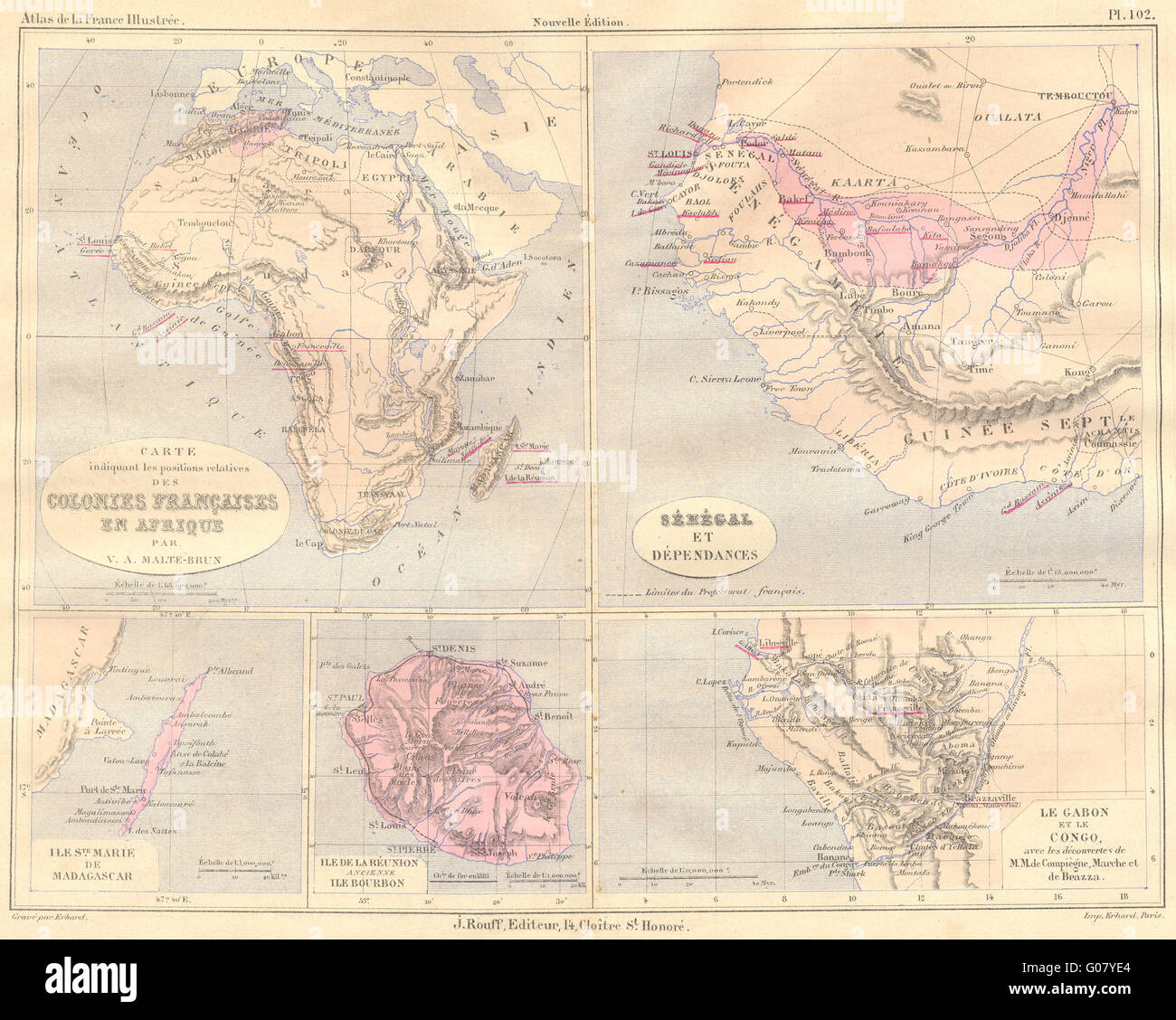 AFRICA - Senegal; Ste Marie Madagascar; Reunion, 1884 Mappa antichi Foto Stock