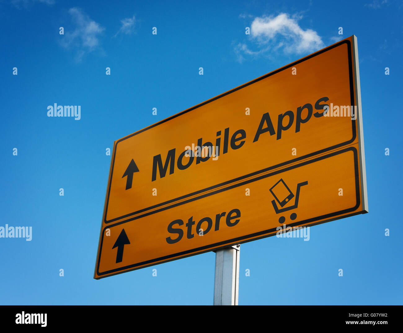 Mobile Apps cartello stradale con carrello e smartphone. Foto Stock