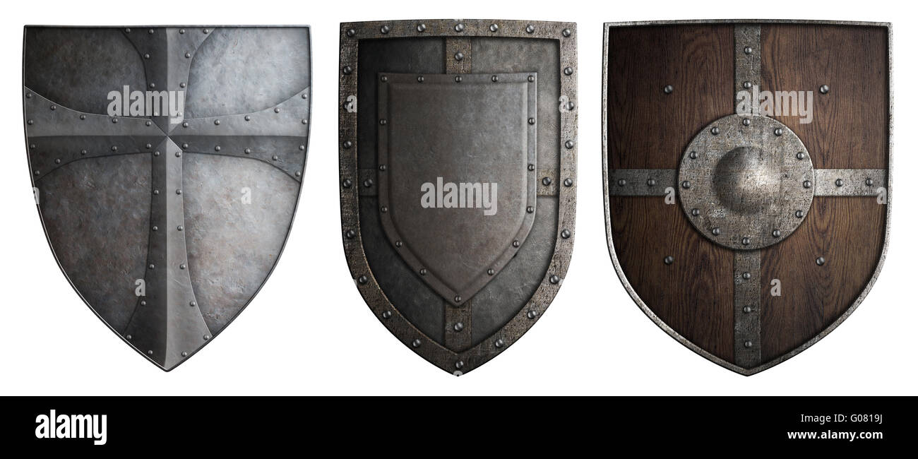 Diversi cavalieri crociati set di protezioni isolato 3d illustrazione Foto Stock
