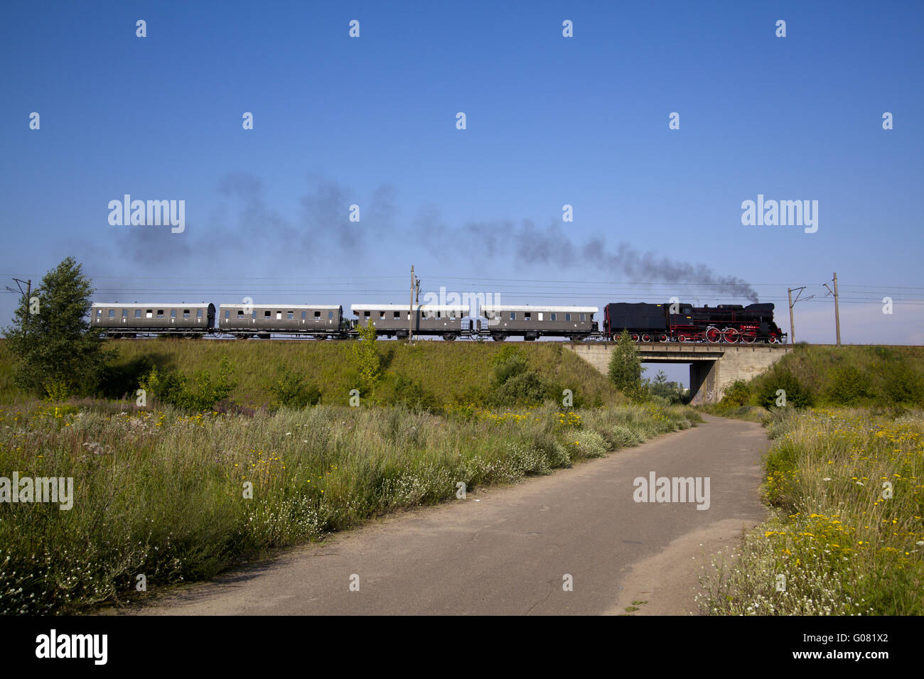 Retrò vecchio treno a vapore che passa attraverso il conte polacco Foto Stock