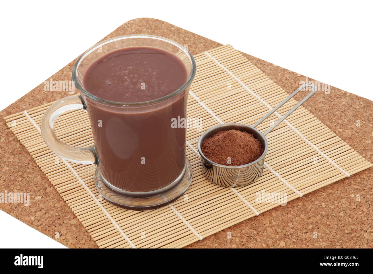 Cioccolato salute maca bere e supplemento di polvere in un metallo scoop. Usato come afrodisiaco e anche per i costruttori del corpo. Foto Stock