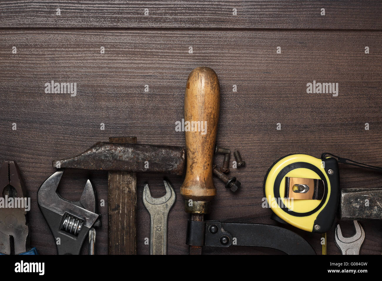 Strumenti di costruzione in legno marrone backg Foto Stock