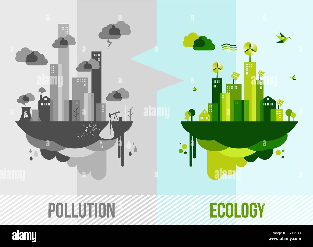 Vai ambiente verde illustrazione. Ecologia inquinamento e il concetto di città. EPS vettore10 organizzati in strati per operazioni di editing semplici. Illustrazione Vettoriale