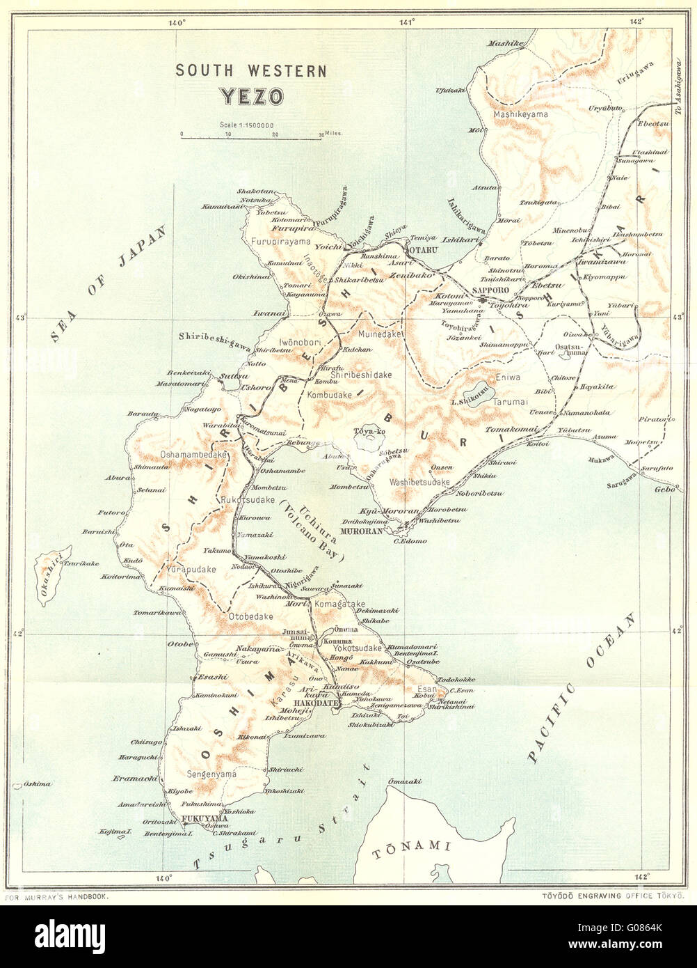 Giappone: Yezo(Hokkaido); verso sud ovest, 1907 Mappa antichi Foto Stock