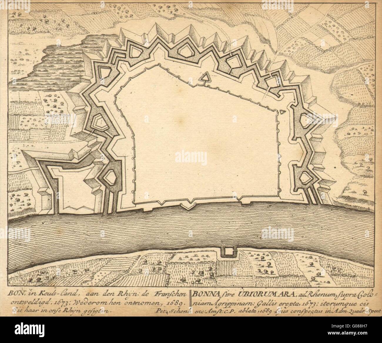 BONN IBIORUMARA: piano urbanistico da Schenk. Scarse. Germania, 1710 Mappa antichi Foto Stock