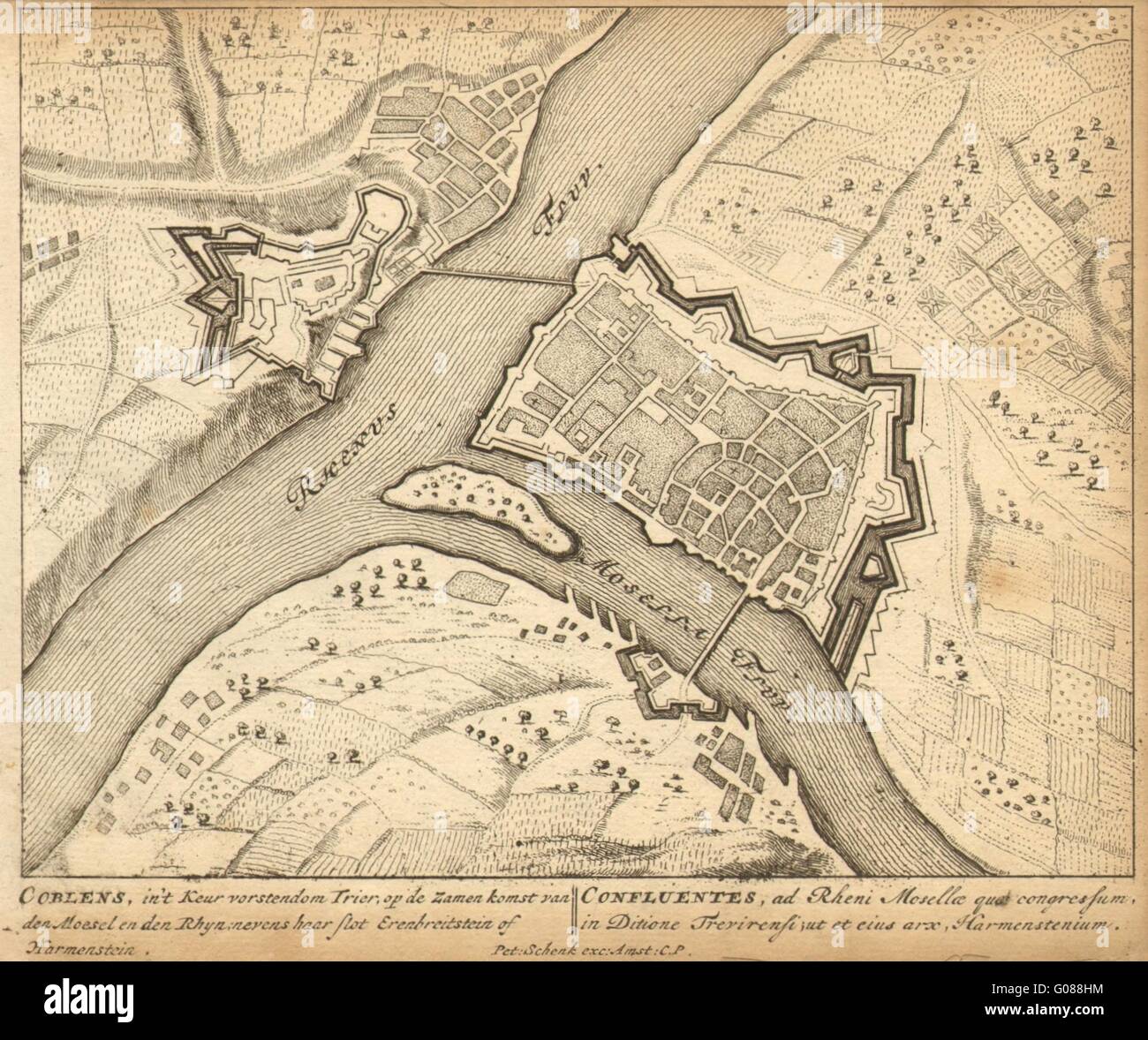 KOBLENZ: piano urbanistico da Schenk. Scarse. Germania, 1710 Mappa antichi Foto Stock