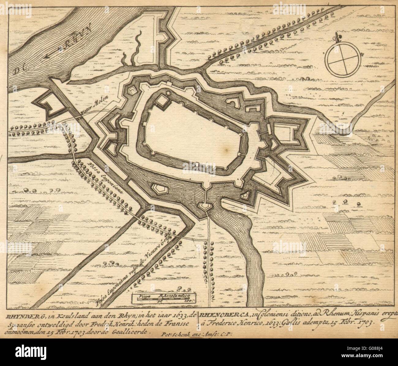 RHEINBERG: piano urbanistico da Schenk. Scarse. Germania, 1710 Mappa antichi Foto Stock