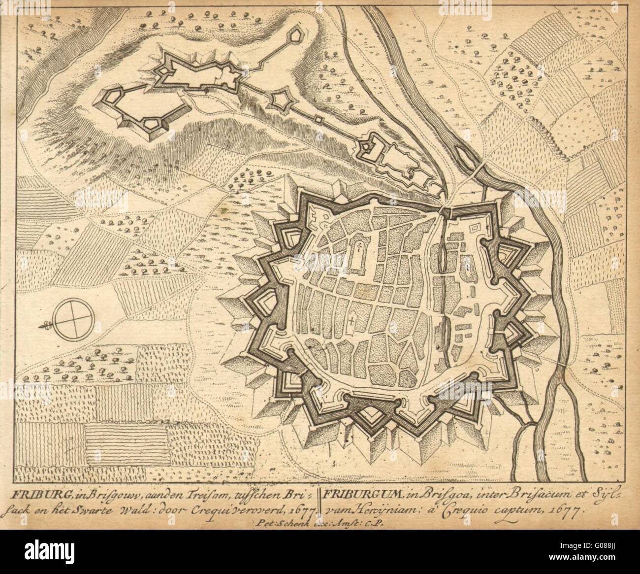 FREIBURG: piano urbanistico da Schenk. Scarse. Germania, 1710 Mappa antichi Foto Stock