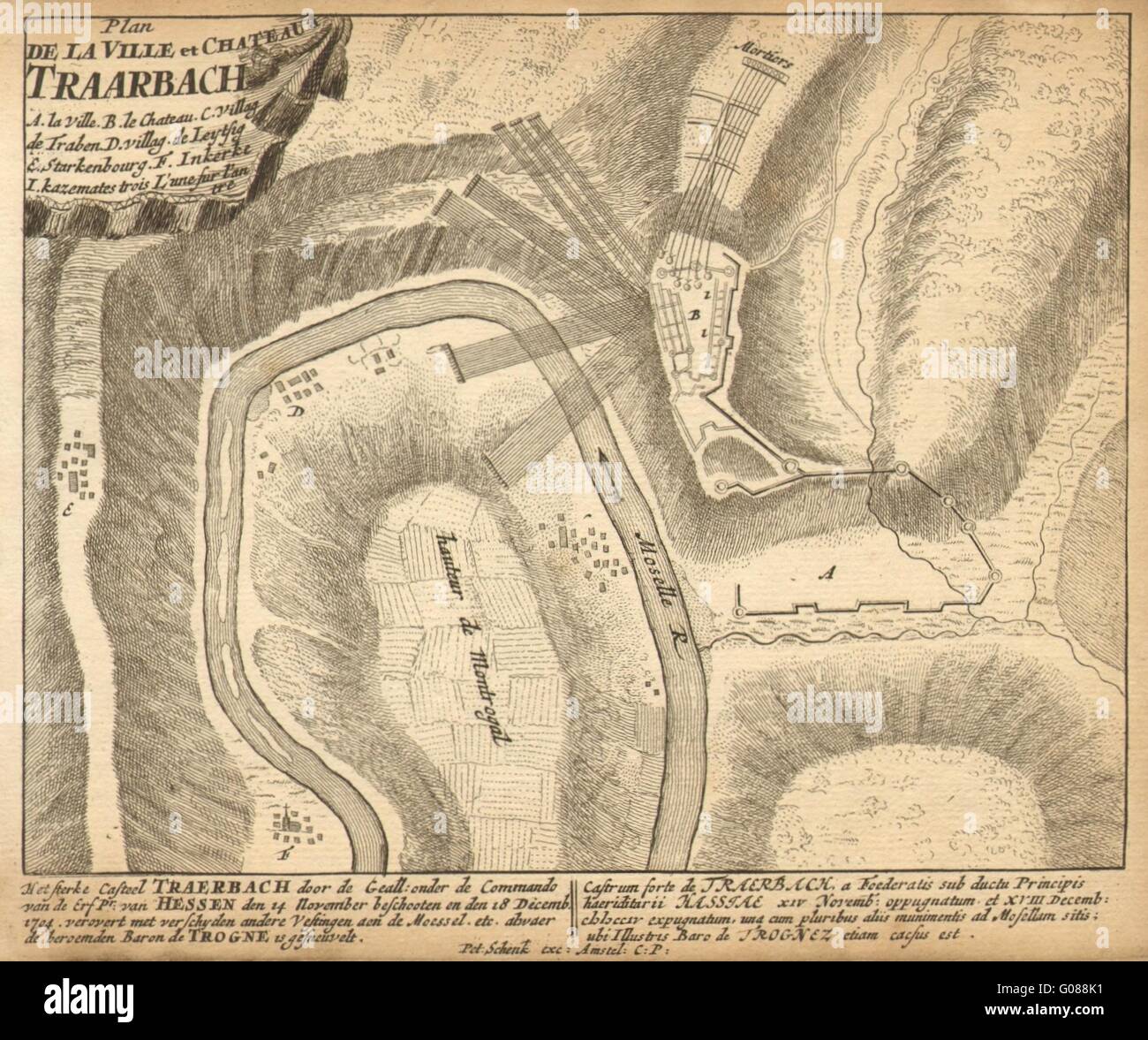 TRARBACH: piano urbanistico da Schenk. Scarse. Germania, 1710 Mappa antichi Foto Stock