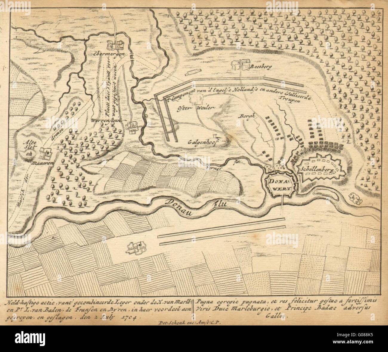 SCHELLENBERG: Donauwörth Marlborough. Germania, 1710 Mappa antichi Foto Stock