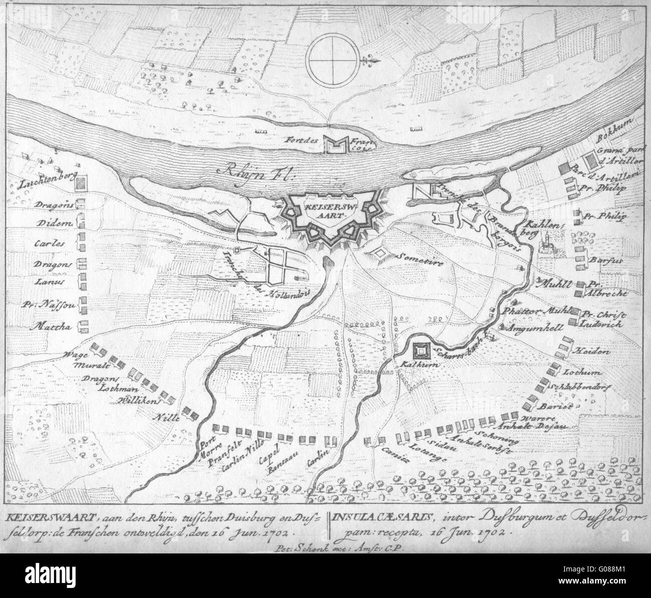 Düsseldorf Kaiserswerth: Schenk piano urbanistico. Scarse. La città di Düsseldorf. Germania, 1710 Mappa Foto Stock