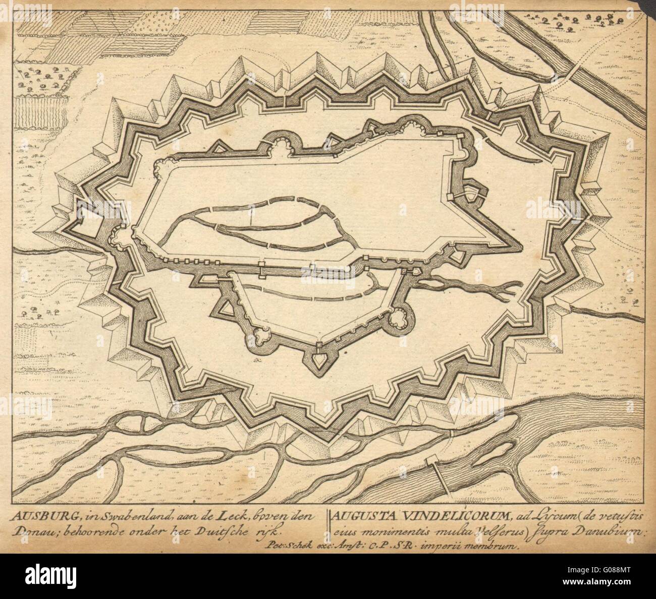Augusta: piano urbanistico da Schenk. Scarse. Germania, 1710 Mappa antichi Foto Stock