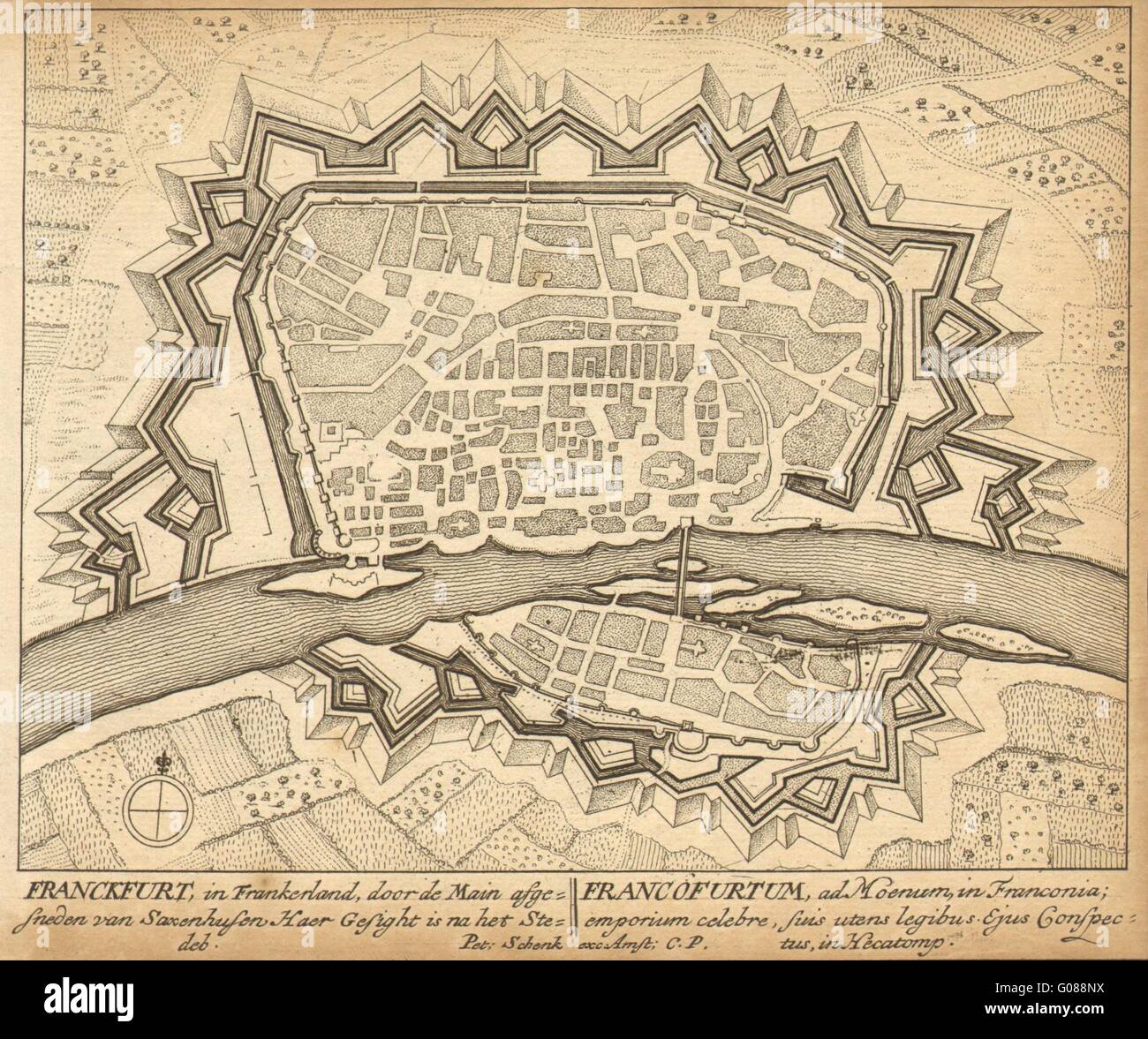 Francoforte: piano urbanistico da Schenk. Scarse. Germania, 1710 Mappa antichi Foto Stock