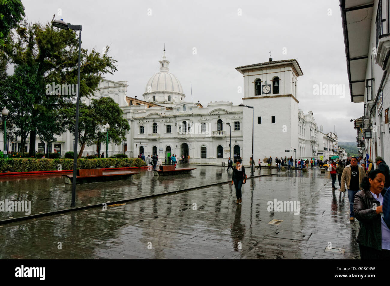 La cattedrale e la torre dell Orologio, Popayán, Colombia Foto Stock