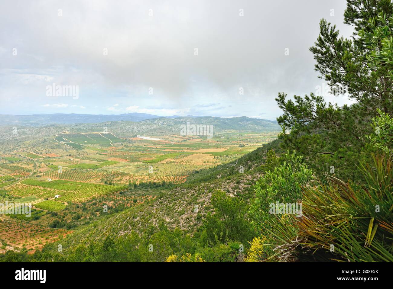 Paesaggio rurale con vista montagna in Spagna. Giornata di sole. Foto Stock