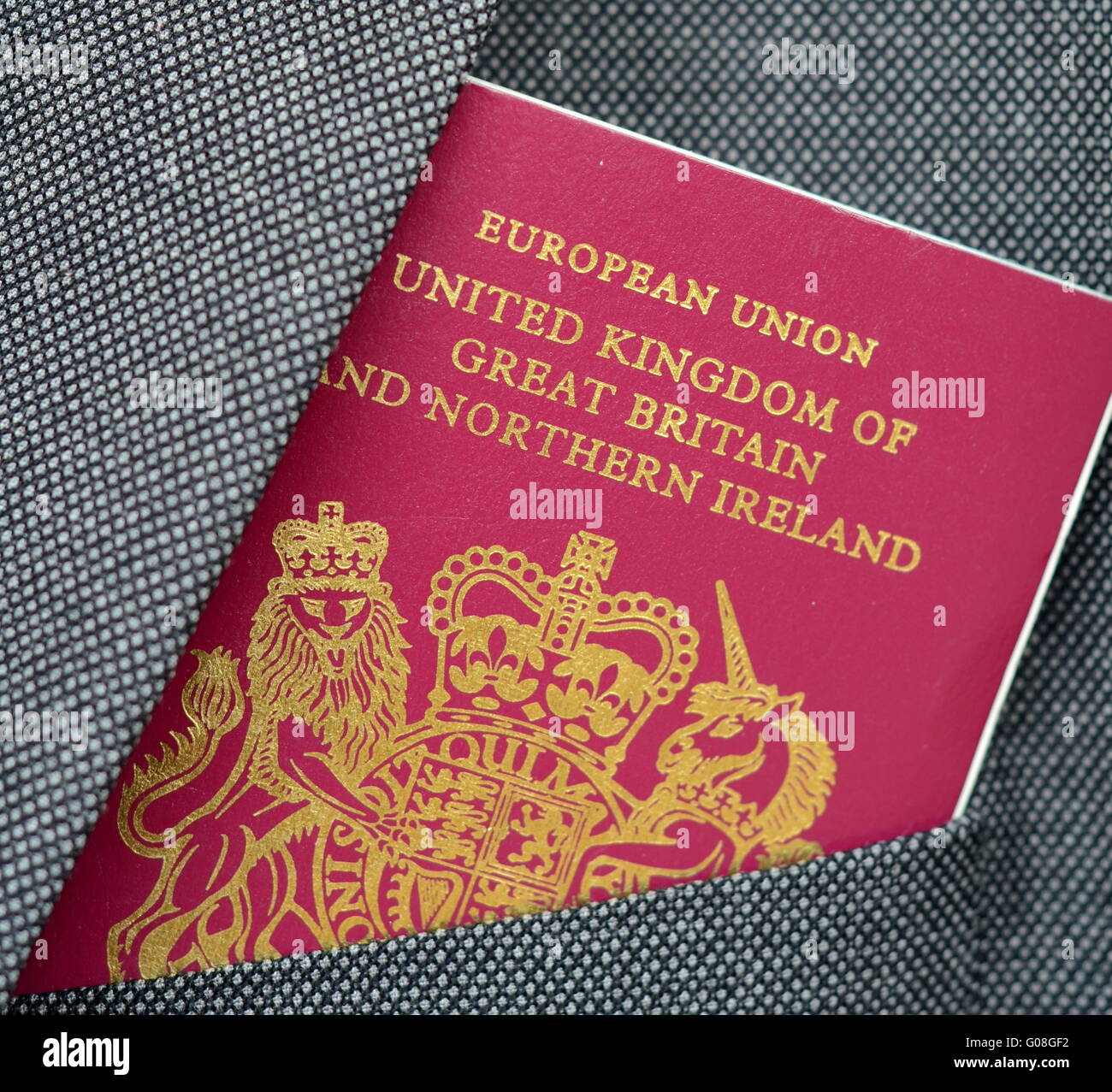 Business Travel Immagine di un passaporto del Regno Unito in una tuta Pocket Foto Stock