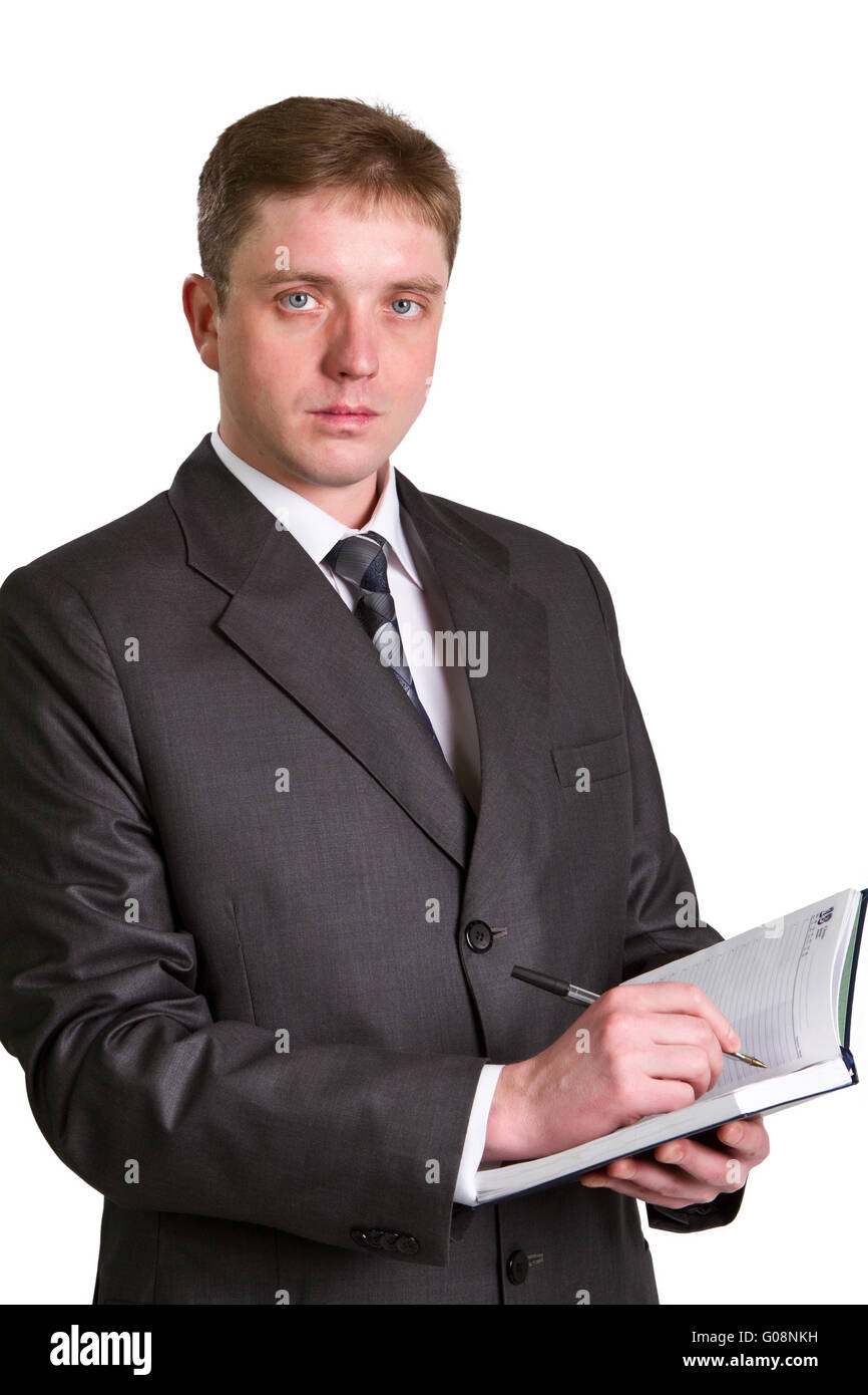 Imprenditore tenendo una penna richiede una firma su un documento Foto Stock