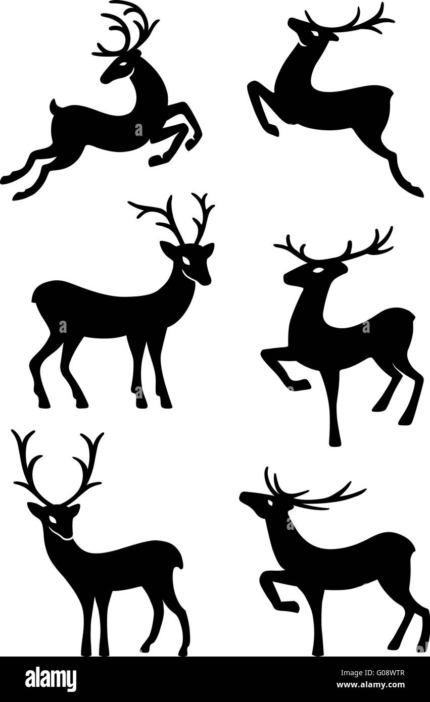 Sei deer silhouettes isolati su sfondo bianco Foto Stock