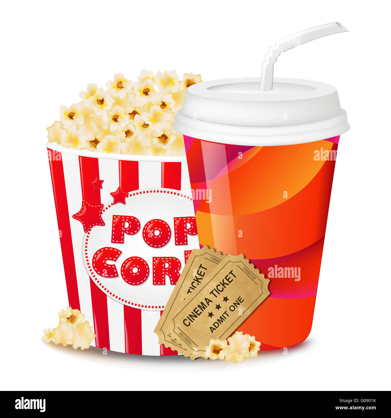 Il Popcorn in scatola di cartone con i biglietti del cinema e della Carta vetro Foto Stock