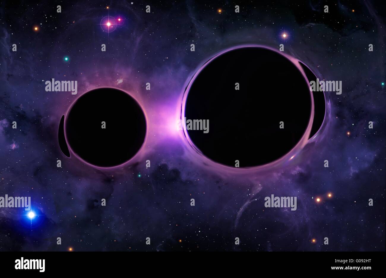 Illustrazione di due buchi neri in orbita ogni altro eventualmente buchi neri si unisce in un evento che produrrà di tipo gravitazionale Foto Stock