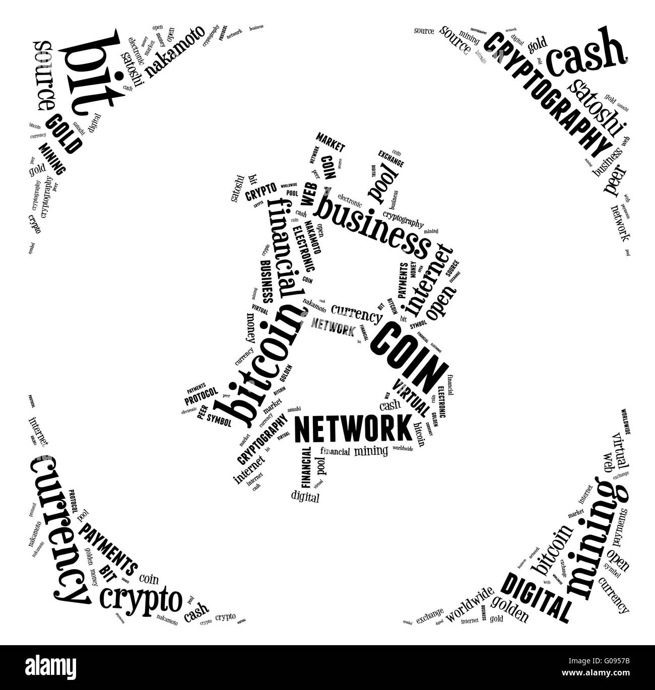 Logo bitcoin word cloud con scritte nere Foto Stock