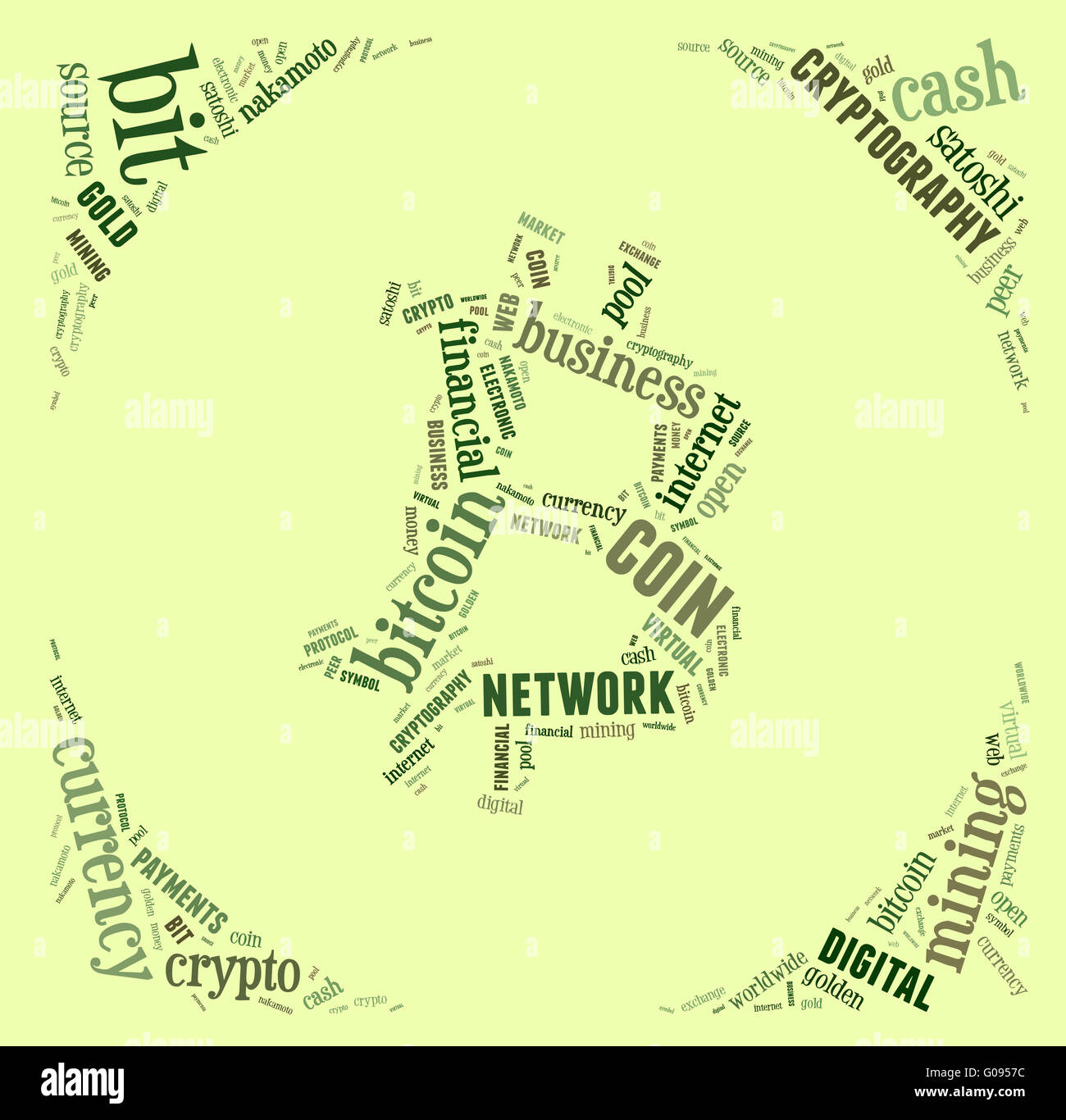 Logo bitcoin word cloud con formulazioni verde Foto Stock