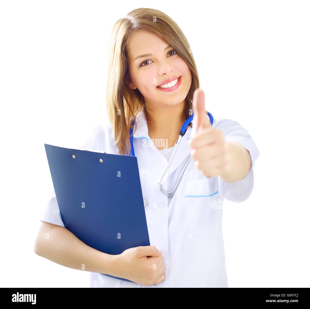 Medico donna che mostra pollice in alto isolato su bianco Foto Stock