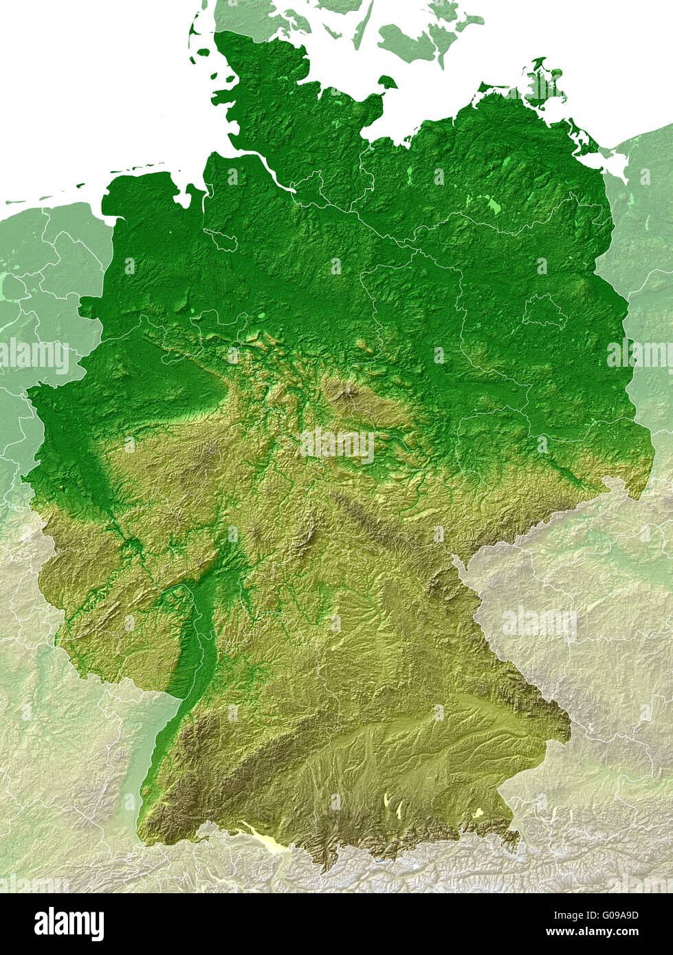 Germania - Mappa rilievo + le frontiere Foto Stock