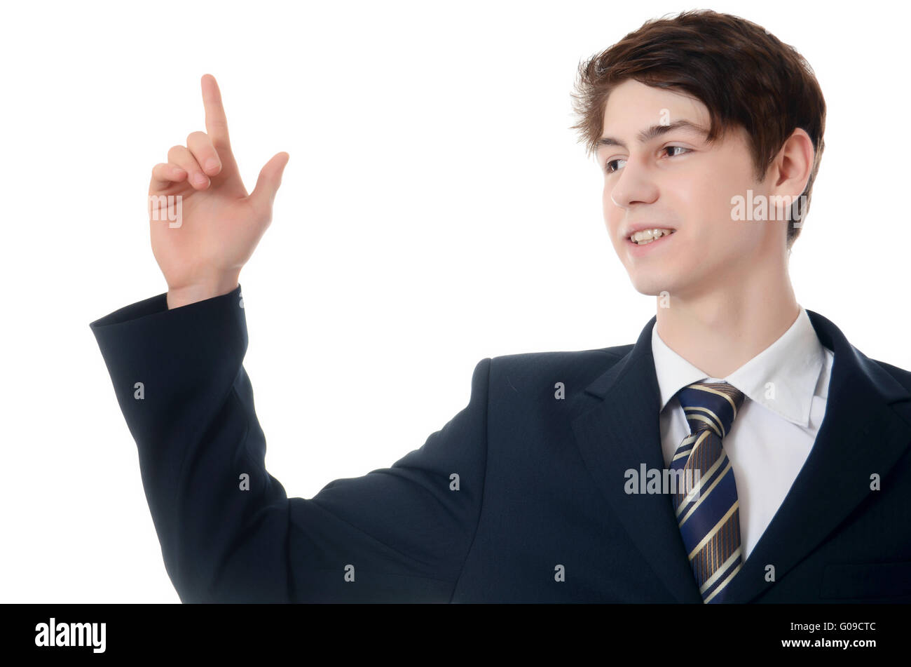 L imprenditore in un business suit su sfondo bianco Foto Stock