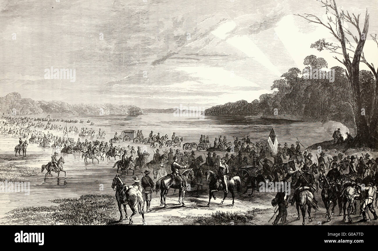I Confederati invasione del Maryland e Pennsylvania - La Cavalleria confederato attraversando il Potomac, 11 giugno 1863. USA LA GUERRA CIVILE Foto Stock