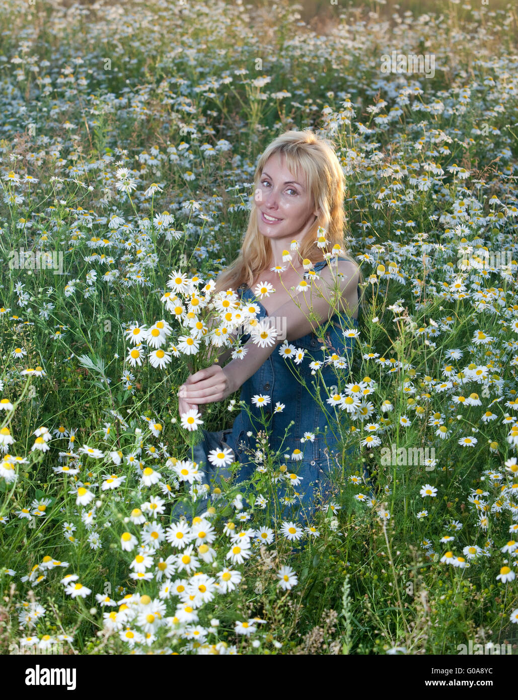 Giovane donna nel campo con un bouquet di camomil Foto Stock