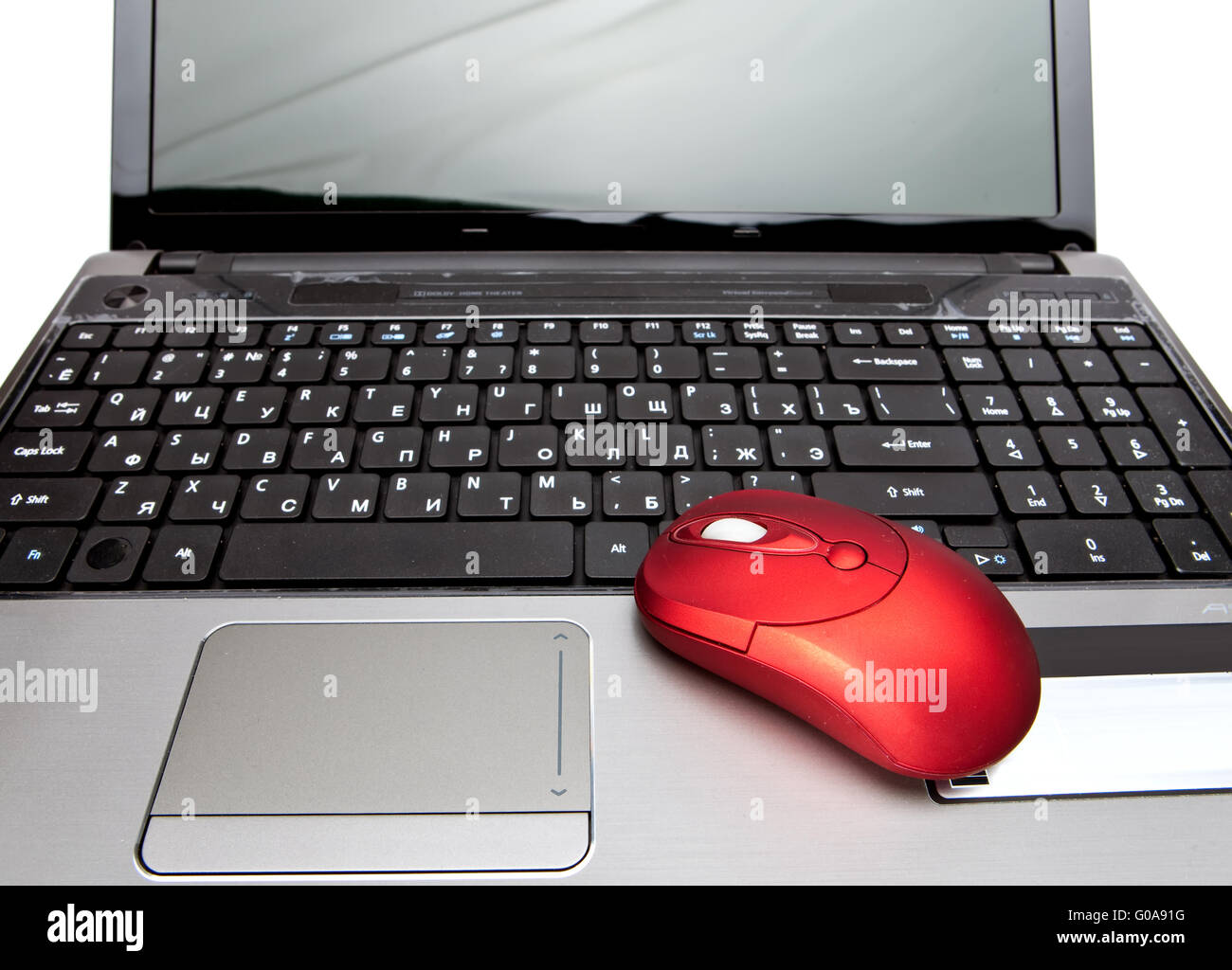 Il rosso il mouse del computer sulla tastiera nera Foto Stock