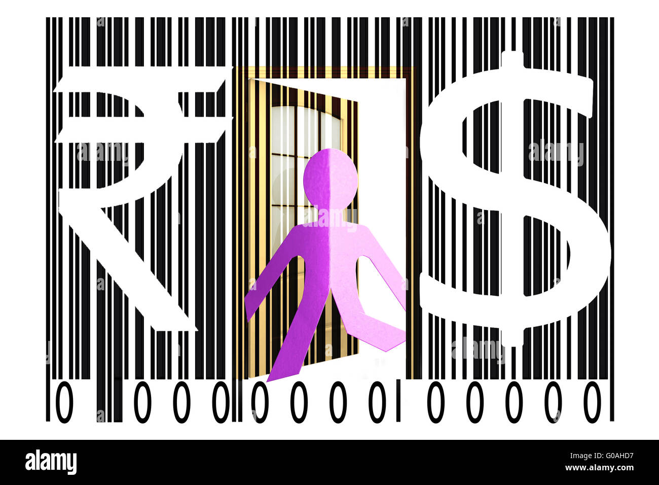 Paperman proveniente al di fuori di un codice a barre con il dollaro e rupia segni Foto Stock