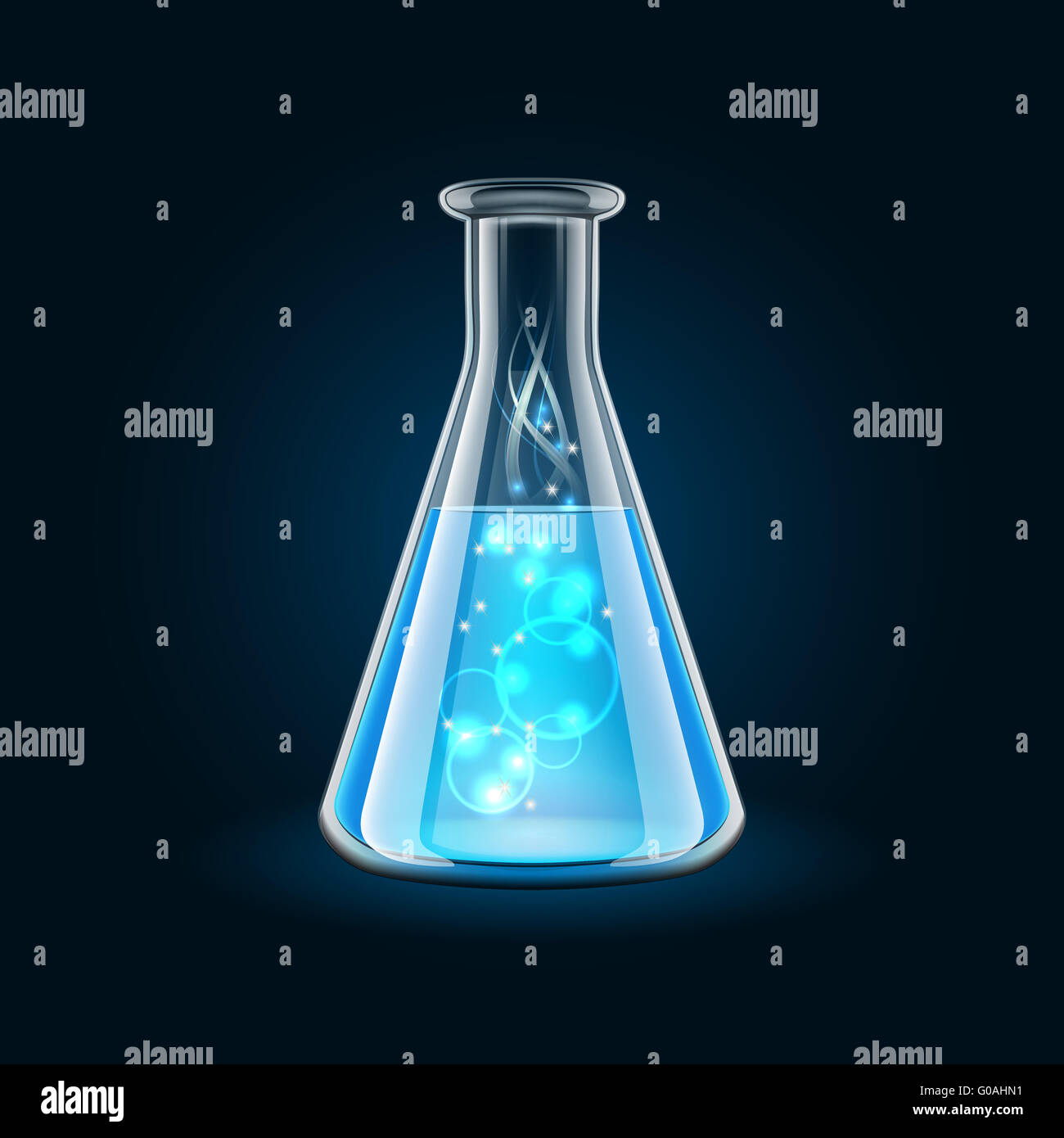 Pallone trasparente con magic liquido blu su sfondo nero. Foto Stock