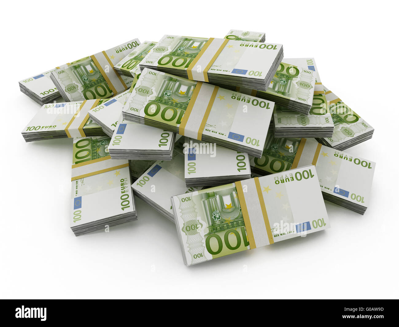 100 Euro denaro lotti formando una pila isolati su sfondo bianco Foto Stock