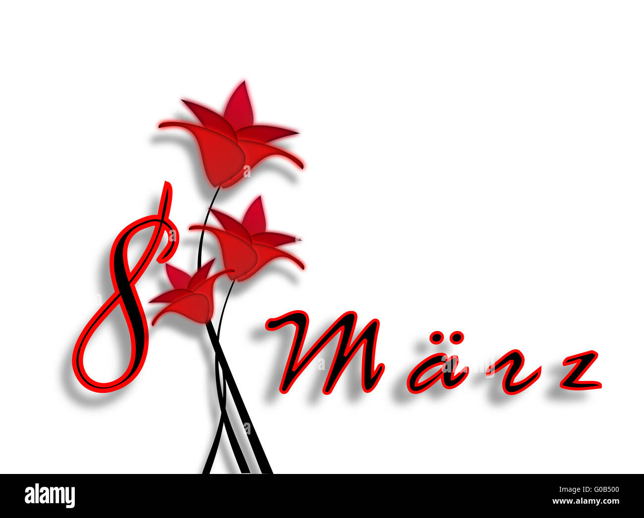 La Giornata internazionale della donna dell 8 marzo con fiori di colore rosso isolato su uno sfondo bianco Foto Stock