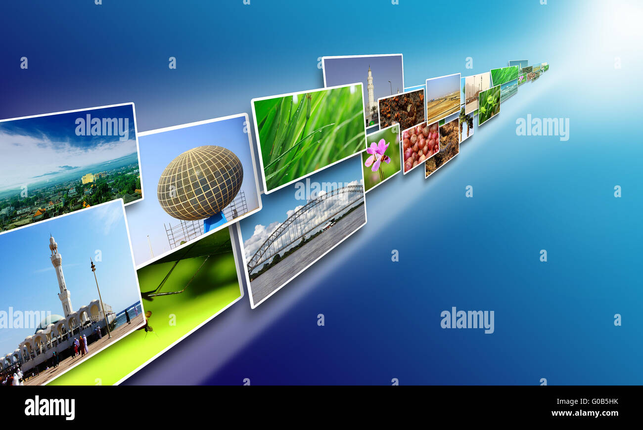 Concetto di Internet, flusso di immagini su internet di condivisione di contenuti multimediali su sfondo blu Foto Stock