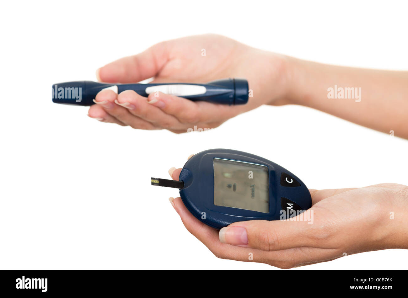 Mani glucometro penna scanner e misurare il monitor in altra parte con  sfondo bianco Foto stock - Alamy