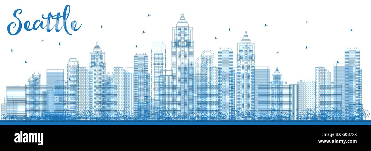 Profilo Seattle skyline della città con edifici di colore blu. Illustrazione Vettoriale. Viaggi di affari e turismo concetto con edifici moderni Illustrazione Vettoriale