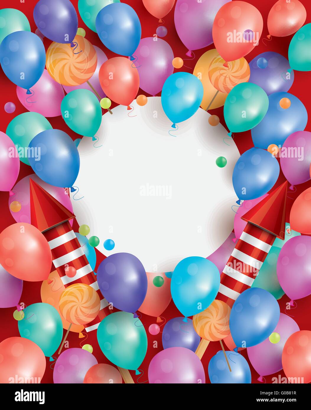 Buon compleanno Card con battenti palloncini, razzi rossi, lecca-lecca e copia di spazio. Illustrazione Vettoriale. Illustrazione Vettoriale