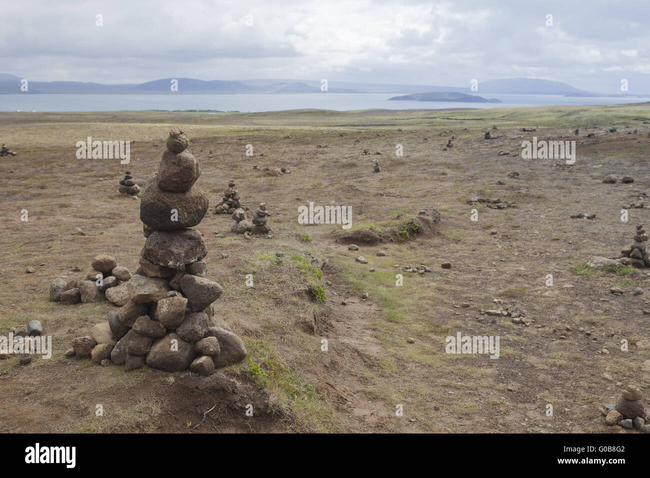 Piccola torre in pietra, Pingvellir, Islanda Foto Stock