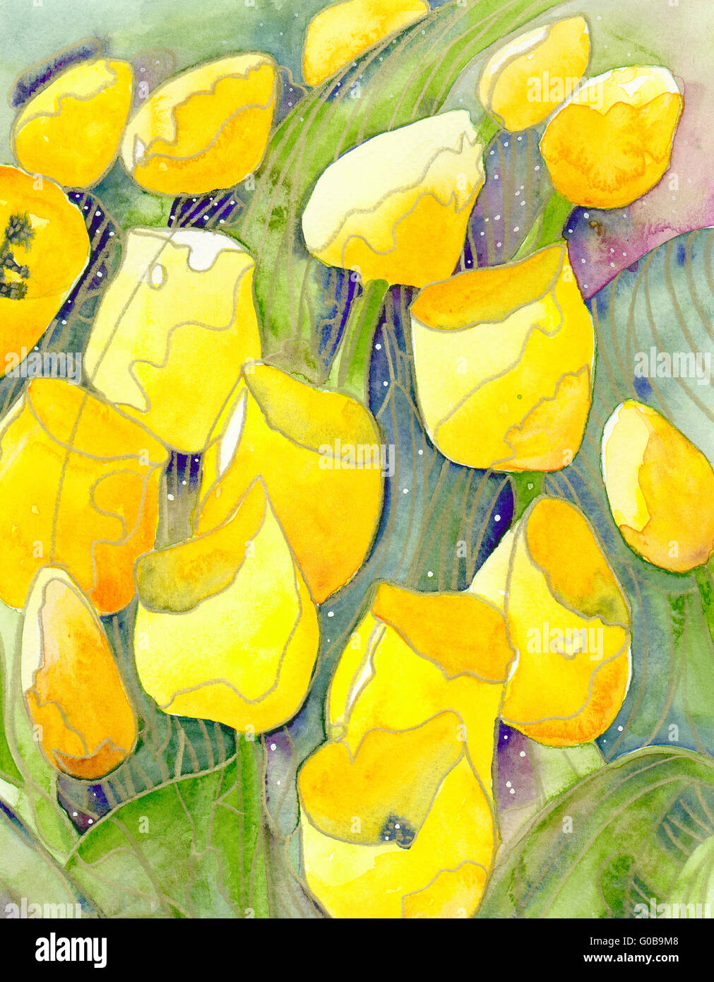 Tulipani gialli e cieli stellati acquerelli astratti Foto Stock