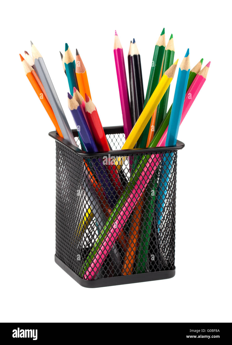 Varie matite di colore nero in contenitore metallico Foto Stock